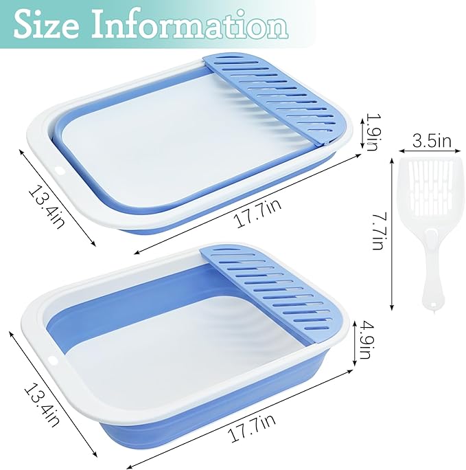 Fhiny Cat Litter Box Portable Shallow Litter Box 17.7"x13.4"x4.9" Foldable Cat Toilet with Scoop Open Kitty Potty Pan with Litter Drop Pedal Easy to Clean Travel Kitten Toilet(Blue)