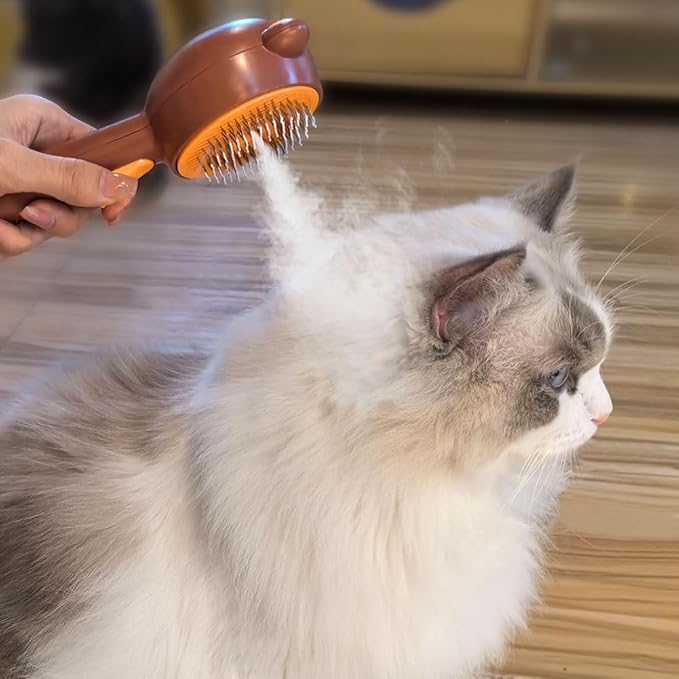 Cat Steam Brush with 2 Spray Levels & Release Button, 4-in-1 IPX7 Waterproof Water Brush for Shedding Grooming, Pet Hair Removal Comb for Long Short Haired Cats Dogs, Self Cleaning Slicker
