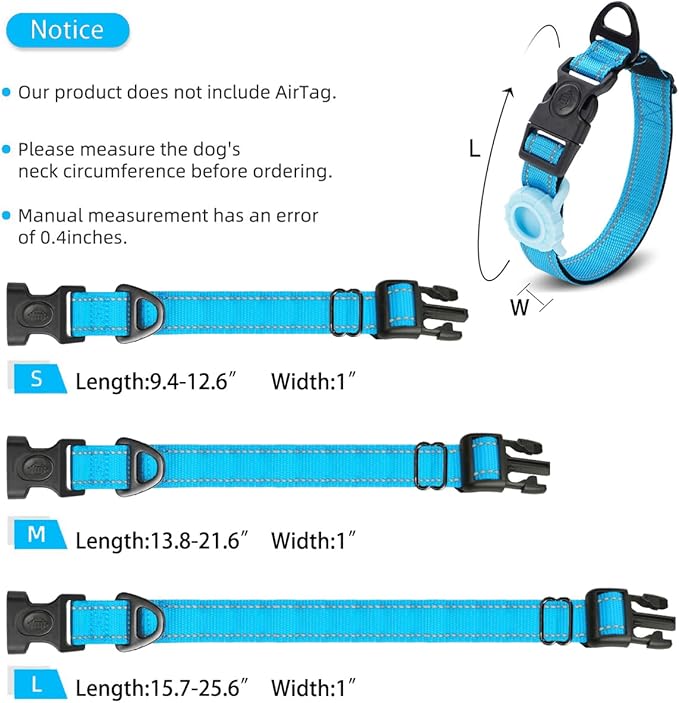 JSXD AirTag Dog Collar, Night Reflective Nylon Dog Collar for Small Medium Large Dogs,Lockable Quick Release Buckle,Padded Breathable Pet Collar with AirTag Holder (Blue, Small)