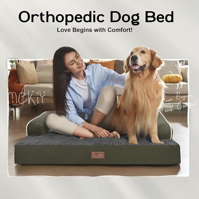 Large Dog Bed Orthopedic Washable - Beds Bolster Pet - XL Large Big Dogs - Memory Foam - Couch Sofa Bed- Waterproof with Removable Cover - Dark Green Dog Bed