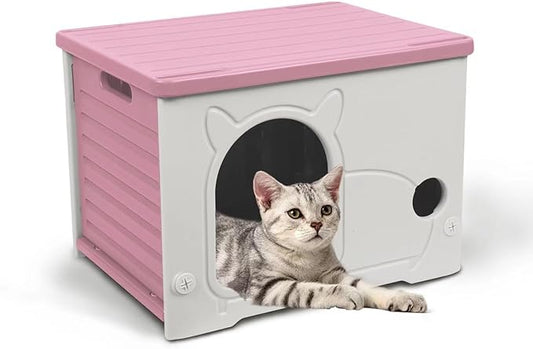 Plastic Outdoor Cat House Waterproof Feral Cat Shelter (Pink)