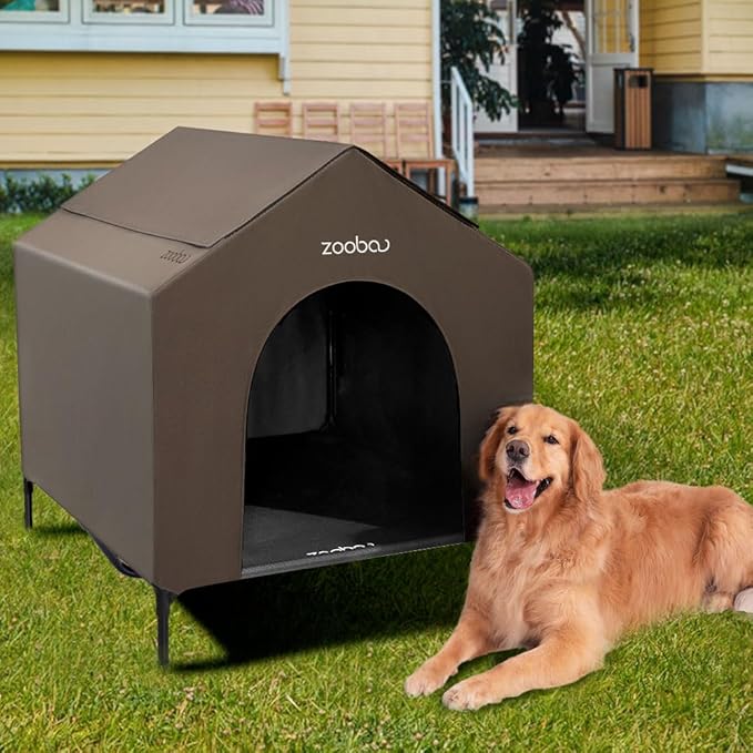 42" 2-in-1 Dog House for Medium Dogs, Elevted Dog House Outdoor/Indoor, Puppy Shelter Outside,Water Resistant 600D PVC and Durable 2x1 Textilene Raised Dog Bed(Brown)