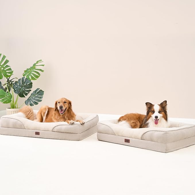 EHEYCIGA Memory Foam XXL Dog Bed for XLarge Sized, Extra Large Orthopedic Dog Sofa with Sides and Waterproof Liner, Washable Bolster Pet Couch with Removable Cover, 52x41x8 Inch, Beige