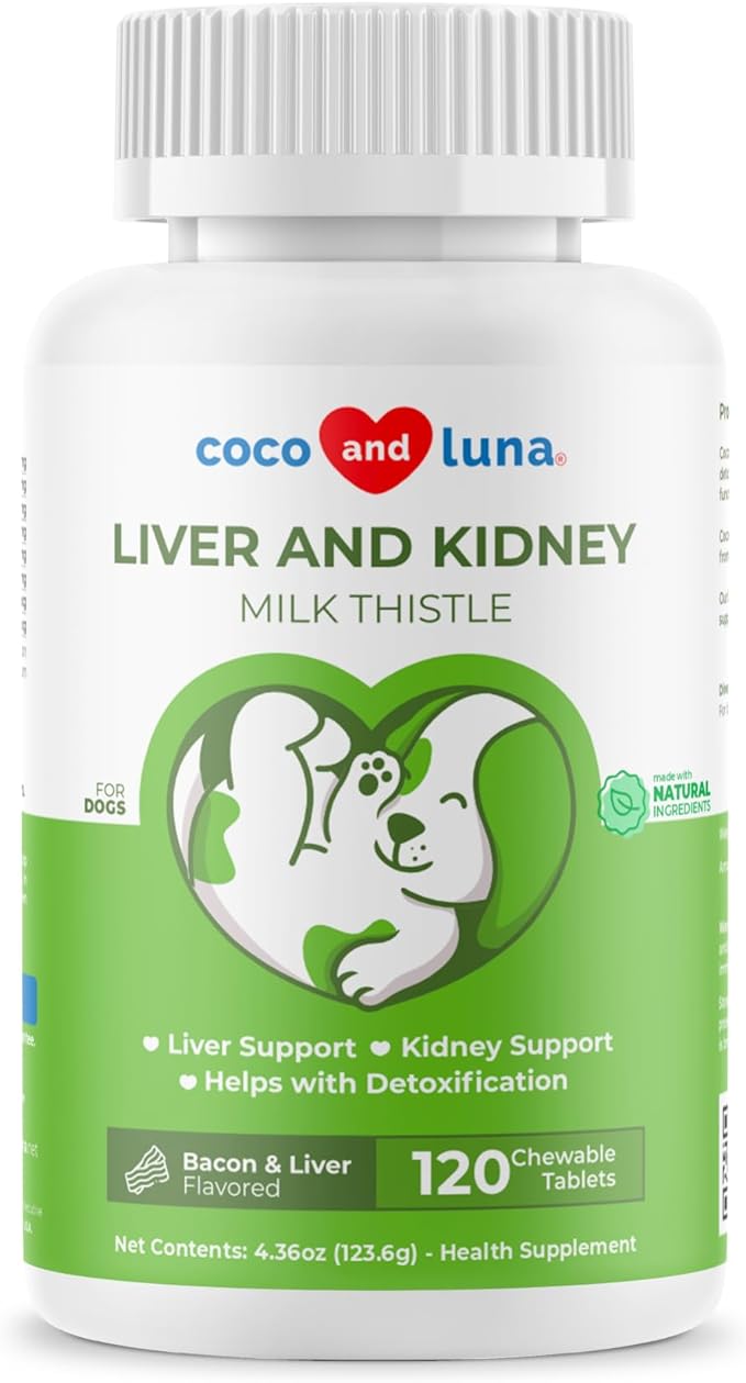 Milk Thistle for Dogs - 120 Chewable Tablets - Silymarin - Liver and Kidney Support with EPA & DHA - Detox - Liver Supplement for Dogs with Choline and L-Arginine