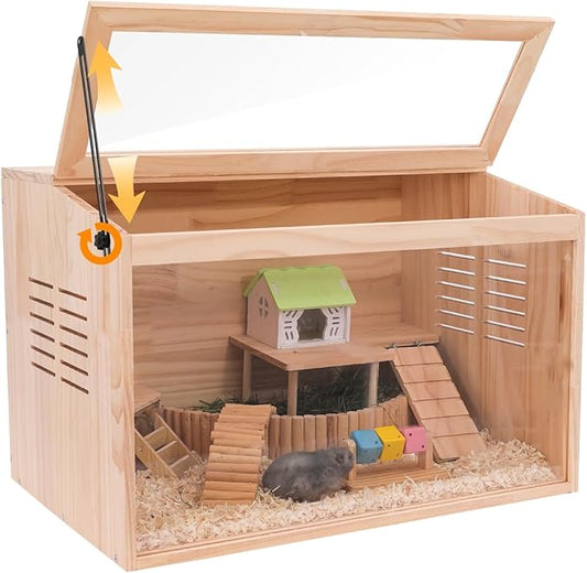 Wooden Hamster Cage,24" Lx16 Wx16 H,Animal Cabinet for Dwarf Syrian Hamsters Degus, Hamster Habitat with Openable Top and Large Acrylic Sheets.