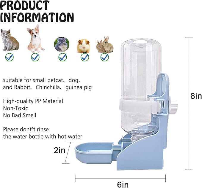 HERCOCCI PET Feeder and Water Bottle Set, Large Blue (500ml), Durable Hay Food Bin Feeder, Food Bowl, Gravity-Fed Water Dispenser for Rabbit, Guinea Pig, Chinchilla