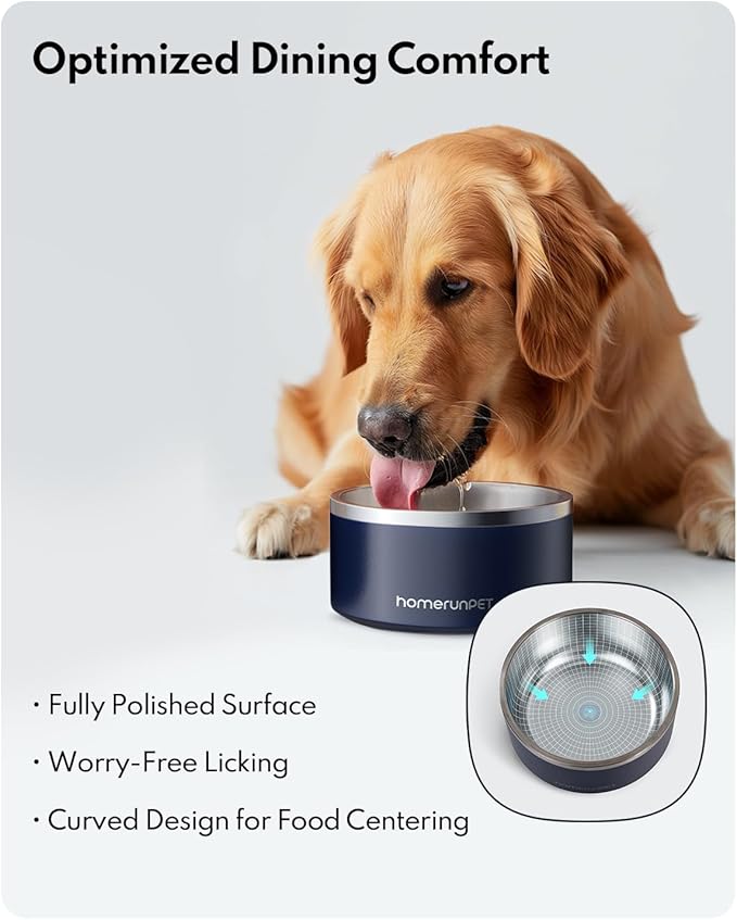 HomeRunPet Dog Bowls, Durable Dishwasher Safe Double Wall Metal Insulated Stainless Steel Food Water Bowls with Non-Slip Rubber Base, Ideal for Small Medium and Large Dogs (32oz, Navy)