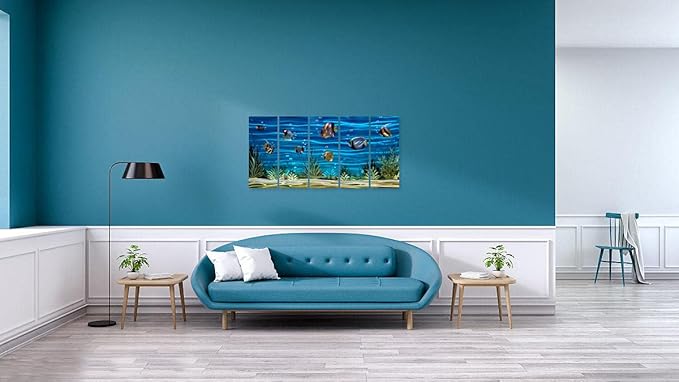 SYGALLERIER School Of Fish Metal Wall Art Handcrafted 3D Coastal Aluminum Artwork Modern Abstract Sea Styles Wall Accent in Blue Green Silver Color for Living Room Bedroom Bathroom Decor