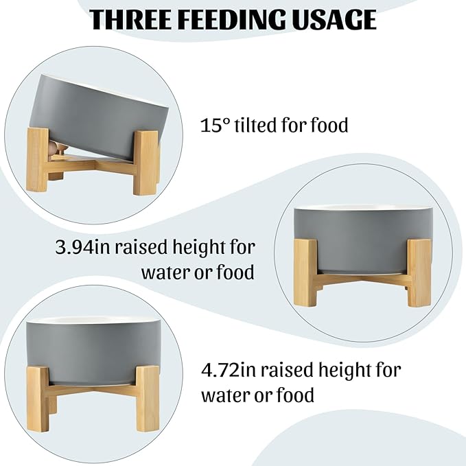 SPUNKYJUNKY 15° Slanted Ceramic Dog and Cat Bowl with Wooden Stand, Tilted Bulldog Food and Water Bowl No Slip Non-Spill for Cats Medium Dogs Big Face Pets 28.7 OZ (3.6 Cups, White-Grey)