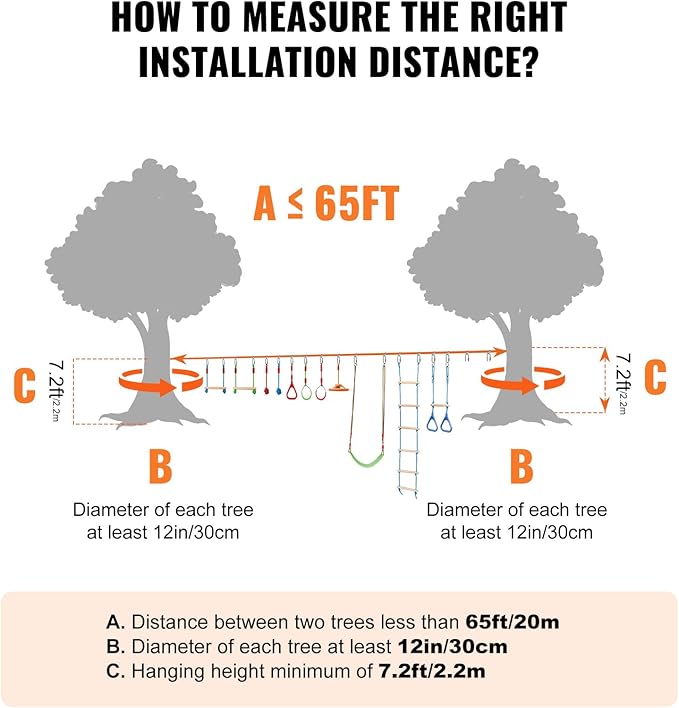 VEVOR Ninja Warrior Obstacle Course for Kids, 2 x 65 ft Weatherproof Slacklines, 500lbs Weight Capacity Monkey Line, Outdoor Playset Equipment, Backyard Toys Training Equipment Set with 12 Obstacles