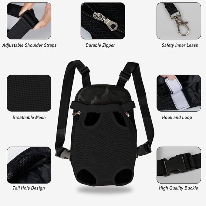 FEimaX Dog Carrier Backpack Pet Legs Out Front Cat Travel Bag, Adjustable Puppy Backpacks Carriers Hands-Free for Small Medium Dogs Cats Hiking Traveling Camping Daily Walking (Large, Black)