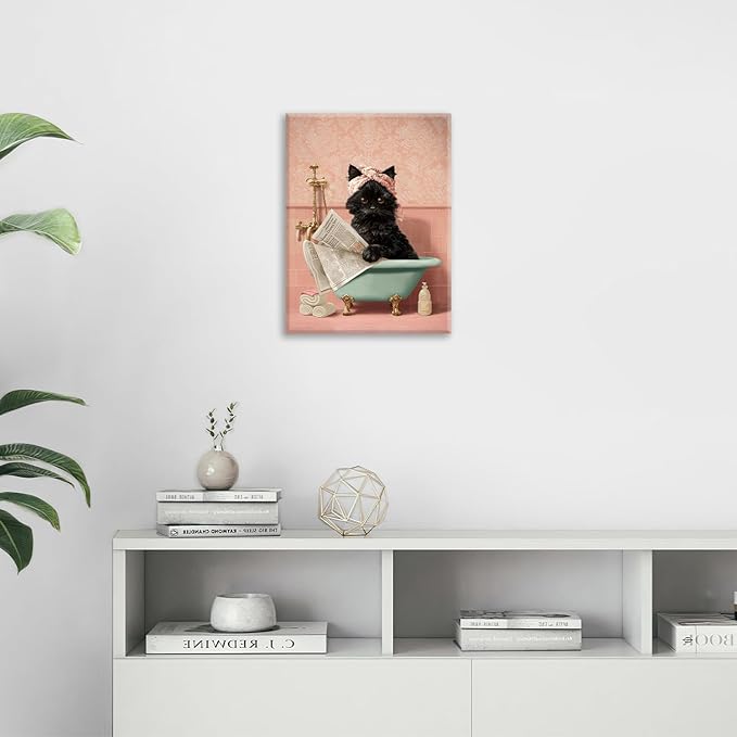 Cat Bathroom Wall Decor Black Cat Reading Newspaper in Bathtub Canvas Wall Art Funny Bathroom Pictures Kitten Painting Print Pink Artwork Framed Decorations Gifts 16"x20"