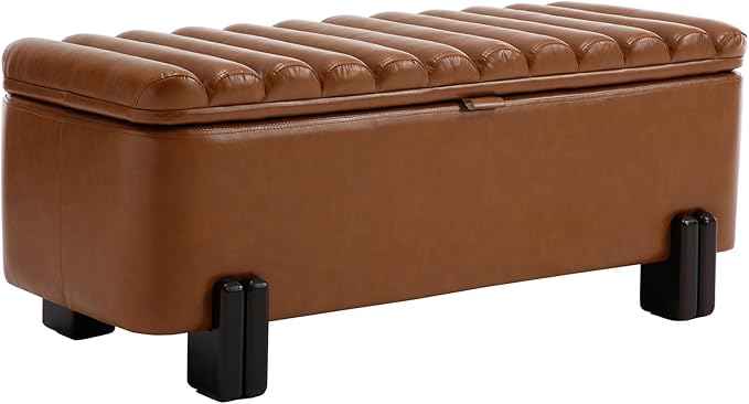 Kmax 45" Storage Bench PU Leather Entryway Bench Upholstered Ottoman Bench with Wavy Top & Safty Hinge for Bedroom Living Room Hallway, Brown