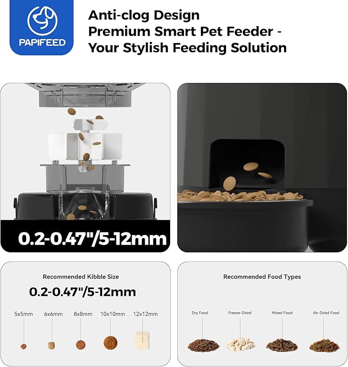 PAPIFEED Automatic Cat Feeder, 3L Timed Cats Food Dispenser with Dual Power Supply, Auto Pet Feeder with Programmable Portion Control for Cats and Small Dogs, Black