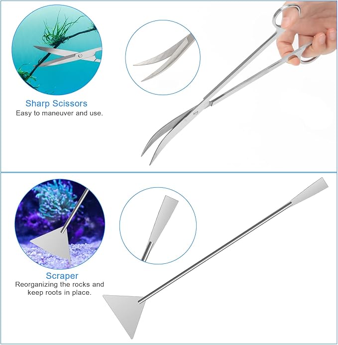 Extra Long Aquarium Aquascaping Tools Kit 8 in 1, Liveek Stainless Steel Aquarium Plant Tools Long Fish Tank Aquascape Tweezers Scissors Scrapers, PH Paper, Fish Net, Aquascape Clean Brush, Bag