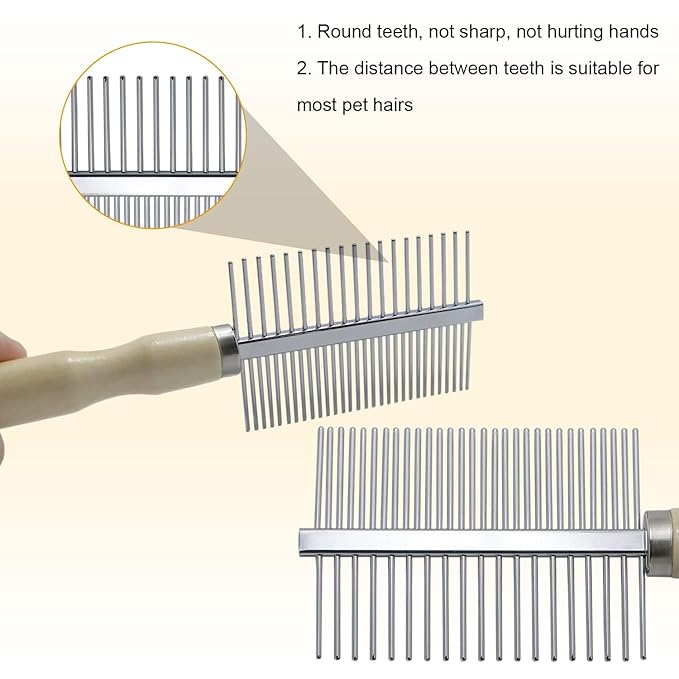 Pet Comb for Dog Cat Rabbit Grooming, Dog Stainless Steel Combs with Wooden Handle, Small Cat Flea Lice Comb for Removes Mats, Tangles and Loose Fur