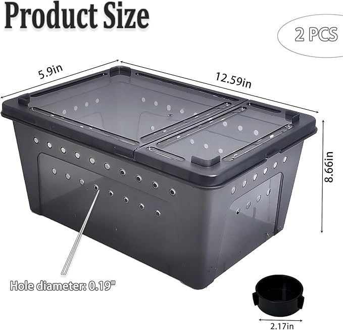 PINVNBY Reptile Enclosure Terrarium 2-Pack - 12.6"x8.7"x5.9" Multi-Purpose Transparent Plastic Habitat Cage for Gecko Scorpion Spider Snake Breeding Feeding & Cricket Keeper with Ventilated Lid, Black