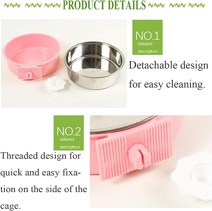 kathson Crate Dog Bowl, Removable Stainless Steel Hanging Pet Cage Bowl Food & Water Feeder Coop Cup for Cat, Puppy, Birds, Rats, Guinea Pigs 2pcs(Blue,Pink)