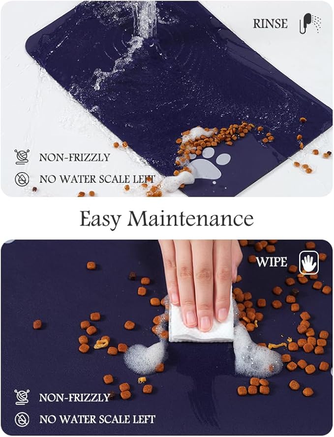 Pet Feeding Mat-Absorbent Dog Mat for Food and Water Bowl-No Stains Quick Dry Water Dispenser Mat-Dog Accessories Pet Supplies-Bowl for Messy Drinkers（Navy,12"x19"