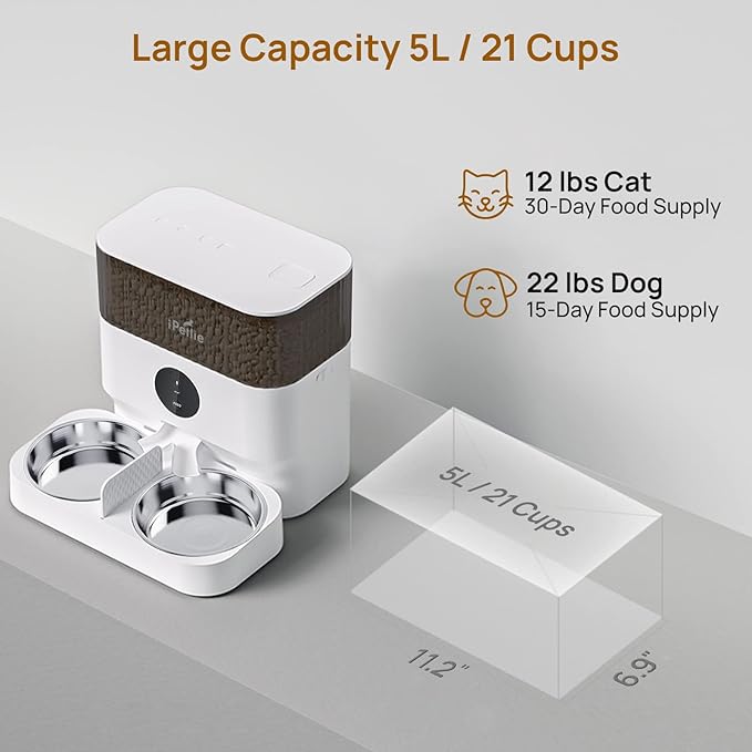 iPettie Automatic WiFi Pet Feeder for 2 Pets, 5L/21 Cup Capacity, 1-10 Meals Per Day, Adjustable Bowl Height, Smart Dog Cat Feeder with 2 Stainless Steel Bowls, Voice Recording, 2.4G WiFi App Control