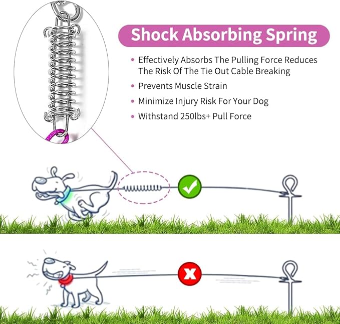 Tie Out Cable for Dog,100FT Dog Leads with Swivel Hook and Shock Spring,Heavy Duty Tie Out Cable for Large Dogs Up to 125lbs,Durable Dogs Runner Tether Line for Outdoor,Yard