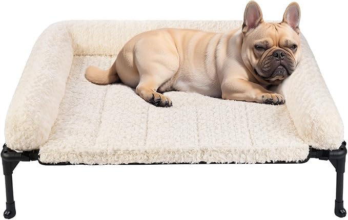 Veehoo Cooling Elevated Dog Bed Add Removable Deluxe Rose Plush Bolster Cushion Mat, 35" x 22" Washable Dog Couch Bed, Raised Pet Cot with Breathable Teslin Mesh, No-Slip Feet, White, CWC2439B