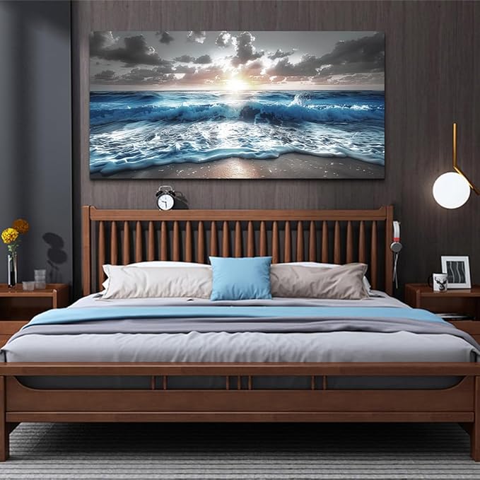 hyidecorart Blue Sea Waves Wall Pictures Framed Wall Art For Living Room Canvas Wall Decor For Office Sunshine Beach Painting Bedroom Home Decorations Prints Posters Mural Artwork Ready To Hang