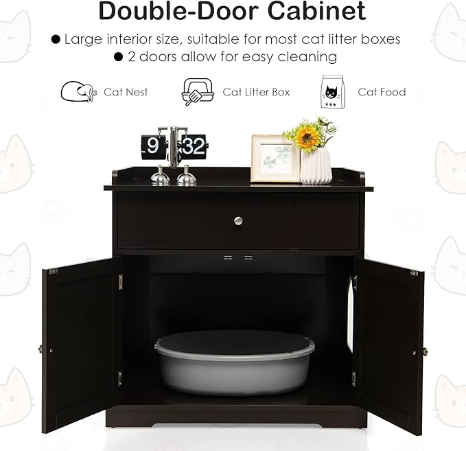 PETSITE Cat Litter Box Enclosure, Large Cat Washroom End Table with Drawer & 2 Doors, Wooden Cat House Storage Cabinet, Hidden Litter Box Furniture, Brown