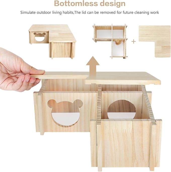 Wooden Hamster Platform and Dwarf Hamster House,Cute Syrian Hamster Tiny House Hideout,Large Balcony Lookout Holes,for Dwarf Gerbils and Mouse Mice Rat Other Small Animals(F)