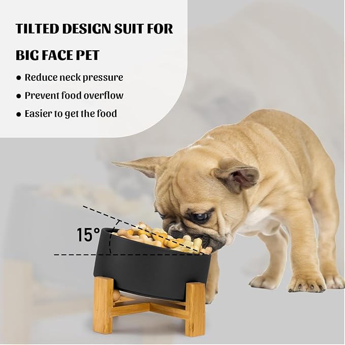 SPUNKYJUNKY 15° Slanted Ceramic Dog and Cat Bowl with Wooden Stand, Tilted Bulldog Food and Water Bowl No Slip Non-Spill for Cats Medium Dogs Big Face Pets 28.7 OZ (3.6 Cups, Black)