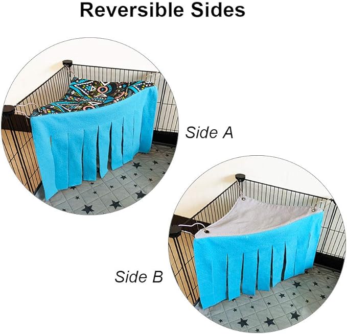 RIOUSSI Guinea Pig Hideout Hideaway Corner Fleece Toys Cage Accessories with Reversible Sides, Geo/Gray-Green+Blue, Pack of 2