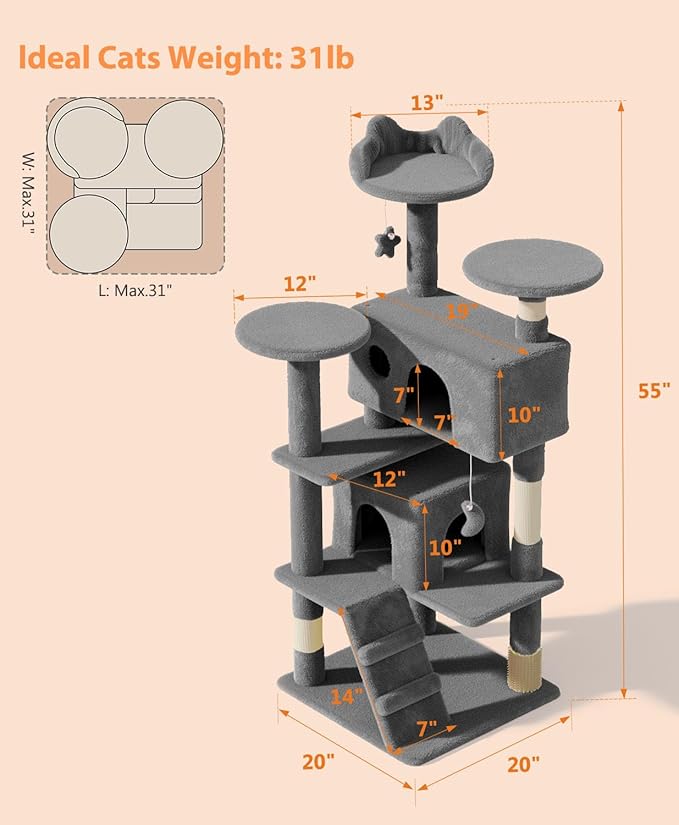 54" Cat Tree Tower for Indoor Cats Large Adult,Cute/Tall Modern Cat Tree for Big Cats 20 lbs, Plush Multi-Level Cat Condo with Scratching Posts,Hammock, Dangling Ball (Smoky Gray, 54 inch)