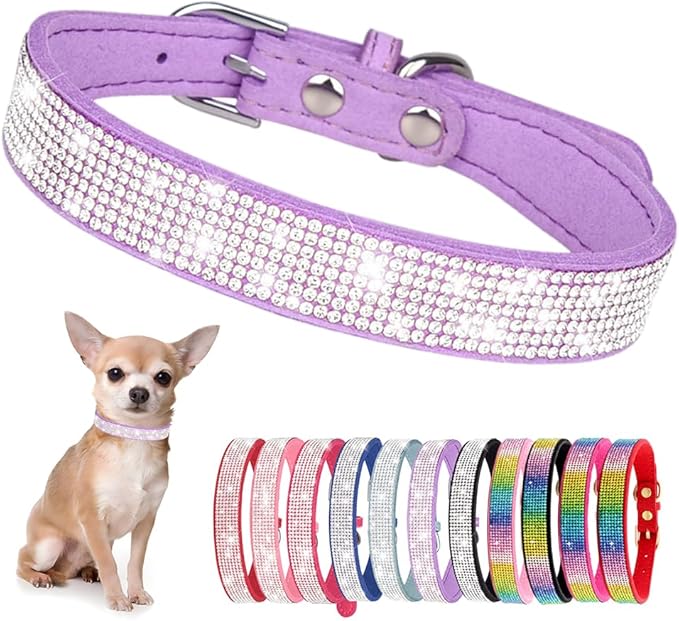 Rhinestone Dog Collar for Small Dogs, Bling Diamond Fancy Crystal Glitter Pretty Jewel Pet Puppy Collars for XXS XS Small Medium Large Breed Girl Dogs Female Cats Kitten, Purple XXSmall