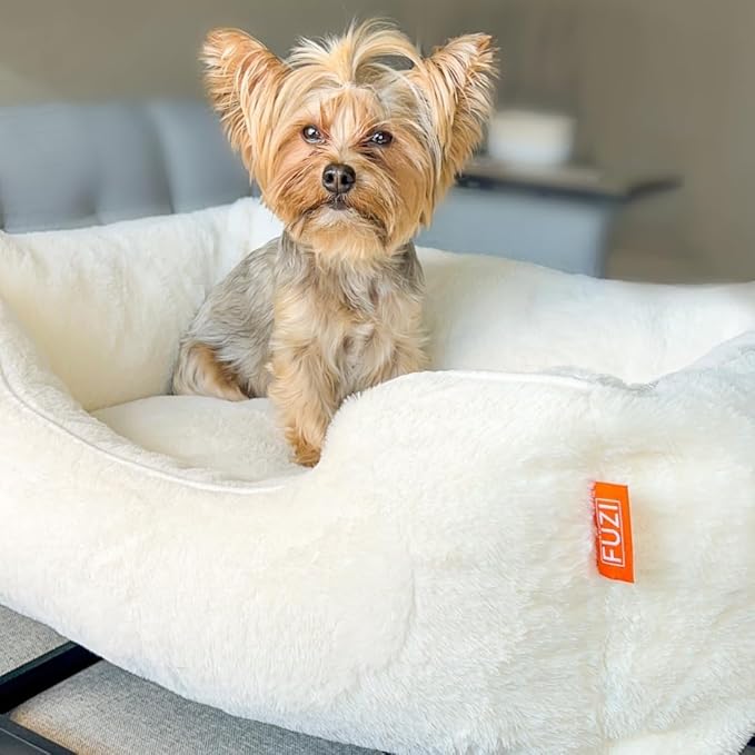 FUZI Luxury Aesthetic Dog Bed for Small Dogs with Washable Cover, Pet Couch, Pet Bed with Sides, Non-Slip Bottom, Soft and Durable Calming Dog Bed, Faux Rabbit Fur, Small 25.1x16.75x9.5 Soft White