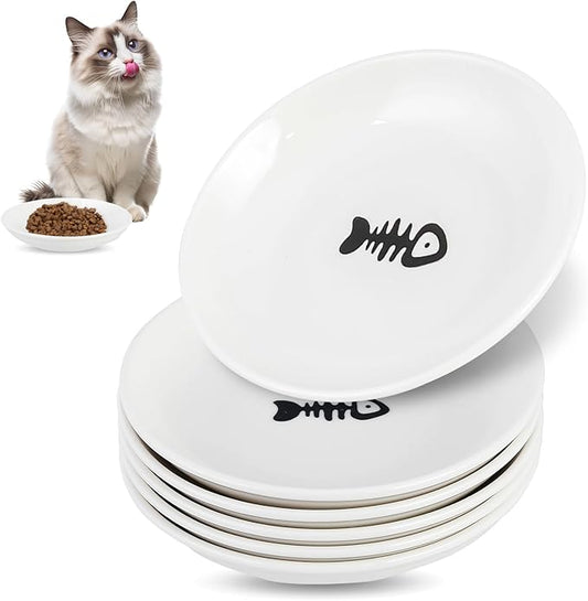 6 Pack Cat Food Bowl, Ceramic Cat Bowls, Anti Whisker Fatigue Cats Bowl Set,5.5 Inches Shallow Wide Kitten Plates for Food and Water (Fishbone Style)
