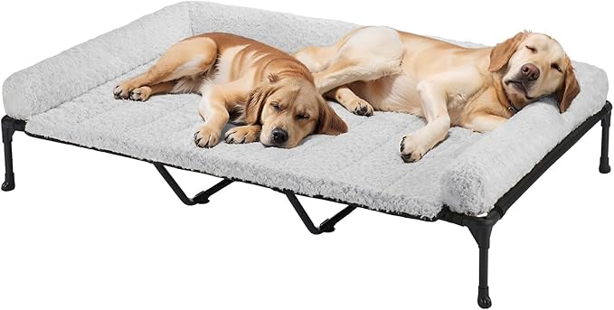 Veehoo Cooling Elevated Dog Bed Add Removable Deluxe Rose Plush Bolster Cushion Mat, 59" x 37" Washable Dog Couch Bed, Raised Pet Cot with Breathable Teslin Mesh, No-Slip Feet, Grey, CWC2439B