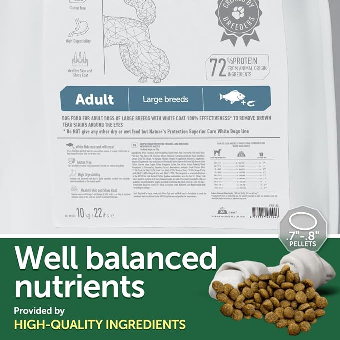 Nature's Protection Superior Care White Dogs Grain-Free Dry Dog Food - High Protein, Tear Stain Dog Food for Large Breeds Light Coated Adult Dogs, Fresh Pet Meal, White Fish, 22 lb