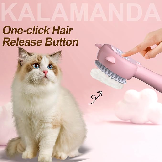 Cat Steam Brush for Shedding, 4 in 1 Steamy Cat Comb with Handle, Rubber Pet Misting Brush with Release Button for Indoor Kittens Small Animals(Pink)