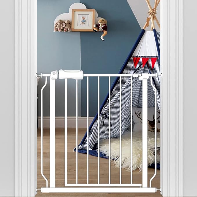 29-34 Inch Wide Baby Gate for Stairs Dog Gate Indoor Pressure Mounted No Drill Safety Child Gates for Kids or Pets Auto Close Pet Gates White