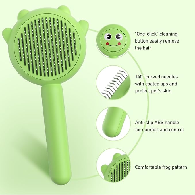 Self-Cleaning Dog & Cat Slicker Brush, Skin Friendly Deshedding Grooming Tool for Long or Short Haired Dogs Cats Rabbits, Dog Shedding Brush with Release Button - Frog