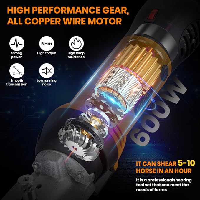 Horse Clippers Professional Electric horse Grooming Kit, Shaving Equine Clippers for Horses Goat Cattle Thick Coat Animals, 6 Speeds Large Heavy Duty Farm Livestock Haircut Trimmer （600W, 2 Blades）