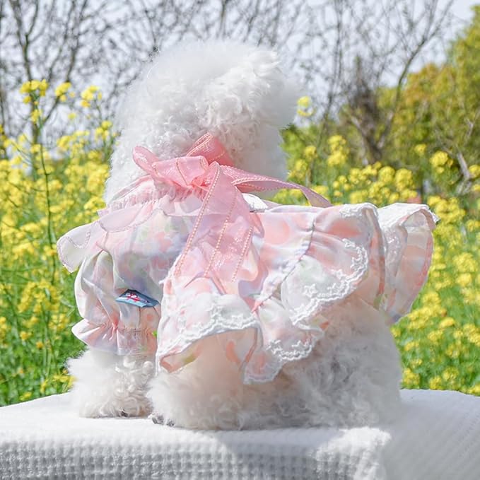 Pink Dog Dress for Small Dog Girl Spring Puppy Clothes with Bow Puff Sleeves Cat Outfit Doggy Princess with Leash Ring Doggies Harness Dress Summer Pet Apparel (Pink, X-Small)