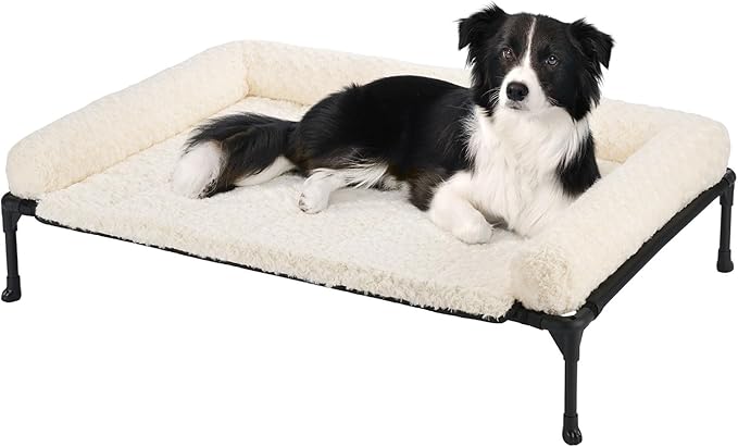 Veehoo Cooling Elevated Dog Bed Add Removable Deluxe Rose Plush Bolster Cushion Mat, 41" x 27" Washable Dog Couch Bed, Raised Pet Cot with Breathable Teslin Mesh, No-Slip Feet, White, CWC2439B