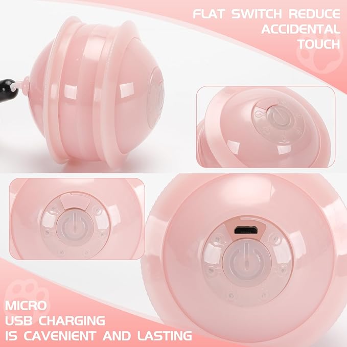 Colurful LED Interactive Cat Feather Toy Ball for Bored Indoor Adult Cats Chase Automatic Moving Ball Rechargeable Self Rolling Automated Tumbler Toy Electric Cat Toy (Pink)