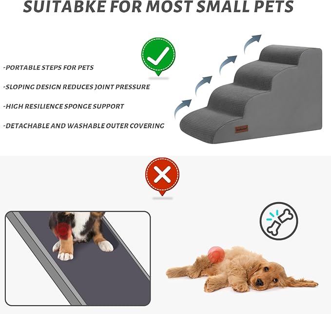 4-Step Dog Stairs and Ramp for Beds or Couches – Non-Slip Sturdy Pet Steps for Small Dogs and Cats,17.4" H,Grey