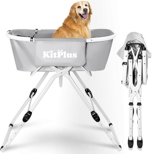 Elevated Dog Bathtub, 5 Height Adjustable Portable Dog Wash Station for Small to Large Pets, Foldable Bathing Tub with Storage & Anti-Slip Design Gray