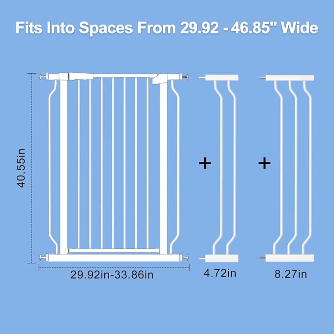 WAOWAO Extra Tall 40.55" Baby Gate 29.92-46.85" Wide Pressure Mounted Walk Through Swing Auto Close Safety White Metal Toddler Child Dog Pet for Indoor Stairs,Doorways,Kitche