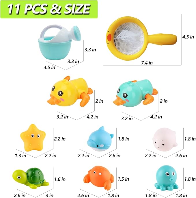 Bath Toys for Babies 6-12+ Months, Wind-up Ducks Bath Toys for Kids Ages 1-3, No Hole Baby Bath Toy Ocean Animal Floating Pool Toys for Toddlers, Water Toys Fishing Net Watering Can