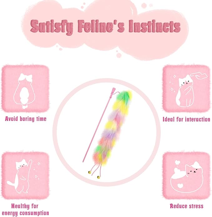 2 Pack Cat Wand Toy, Rainbow Cat Feather Toys with Bells, Teaser Wand with Soft Furry Tail, Interactive Toys for Indoor Cats & Kitten & Kitty