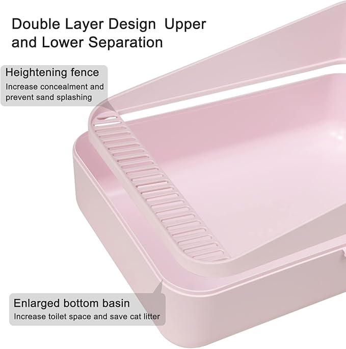 Sfozstra Open High-Sided Litter Box: Pink Medium Anti-Scatter Design - Self-Cleaning Sifting Tray - Low Tracking for Small Cats